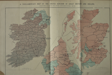 Lithographie Landkarte England Irland 1885 Bezirke Grafschaften Liberals home rulers conservatives